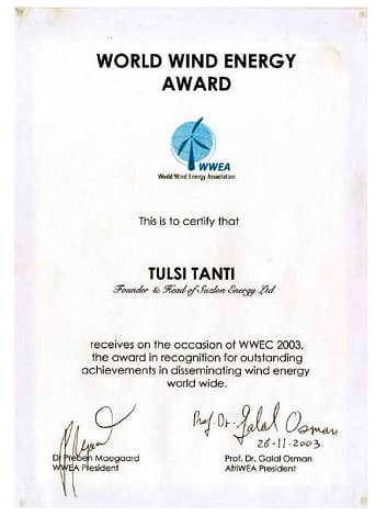 World Wind Energy Association award certificate