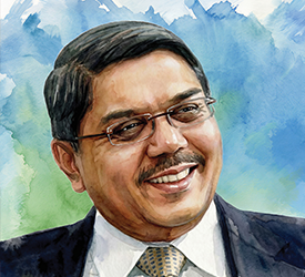 Watercolor portrait of Tulsi Tanti, arms crossed